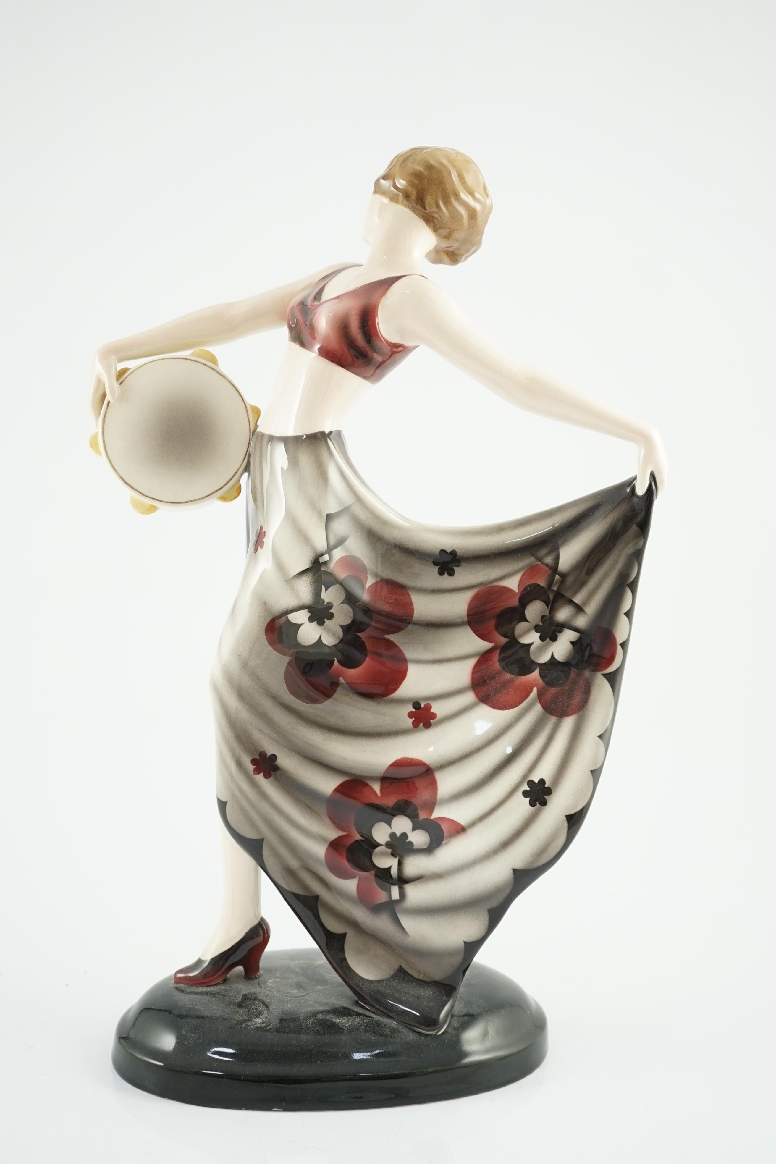 Stefan Dakon for Goldscheider, an Art Deco pottery figure 'Tambourine Dancer', c.1935